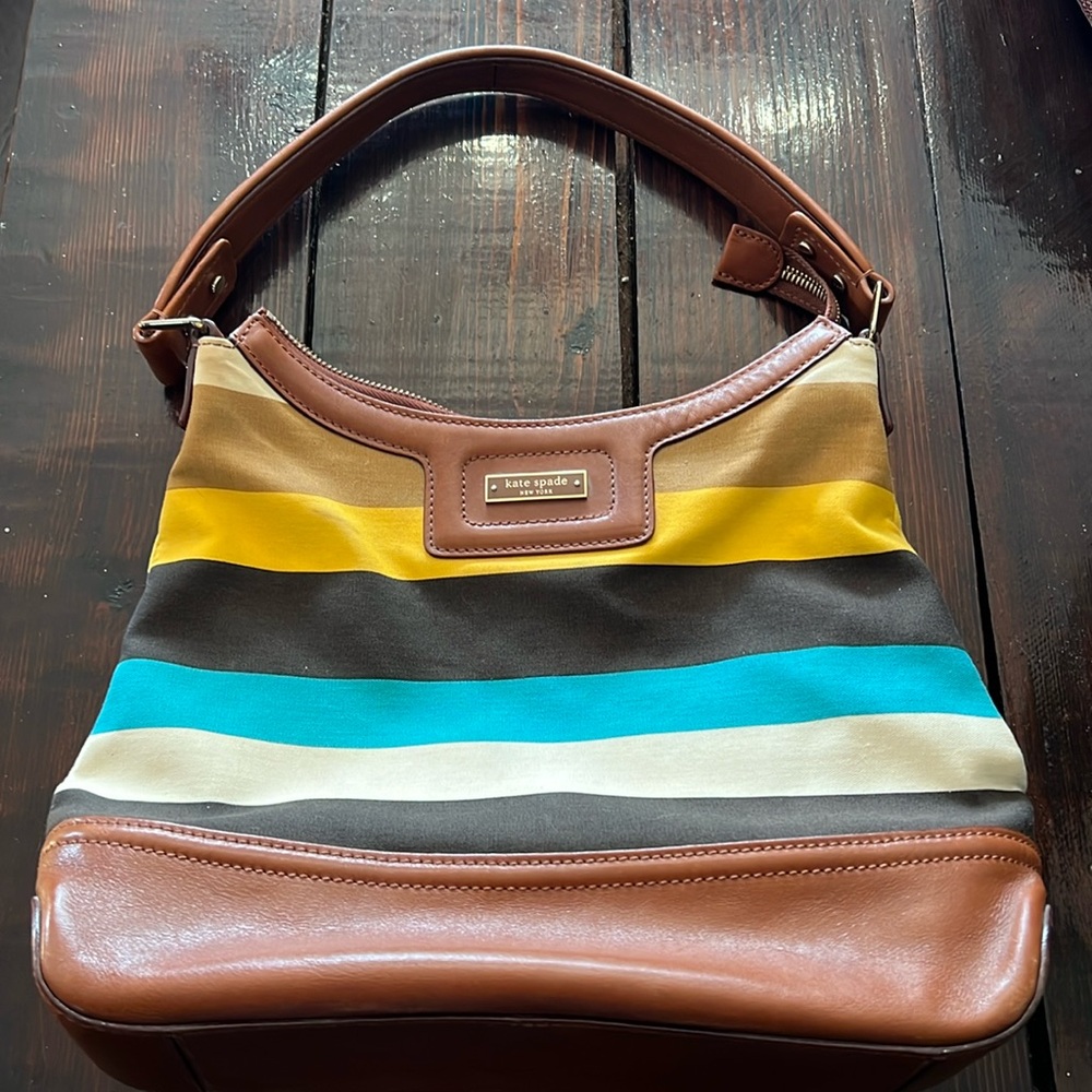 Kate Spade Multicolor Stripe Fabric & Leather Purse w/ Storage Bag